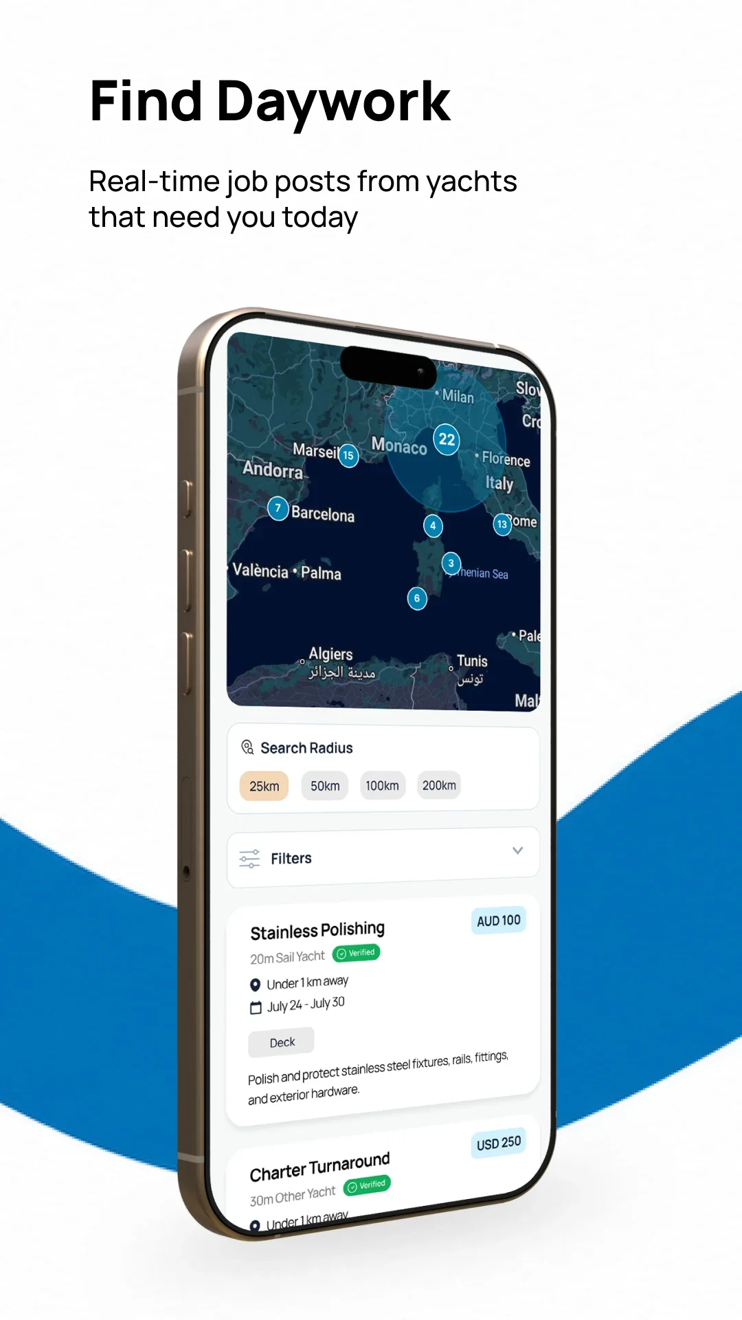 Graftrz — Find Daywork screen showing nearby yacht daywork jobs on a map