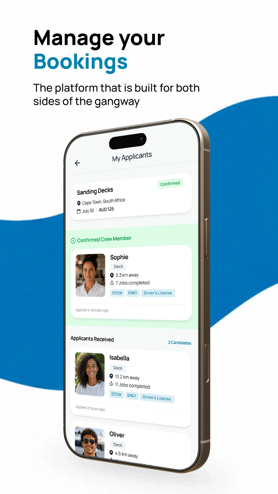 Graftrz — Manage Bookings screen showing confirmed crew members and applicants